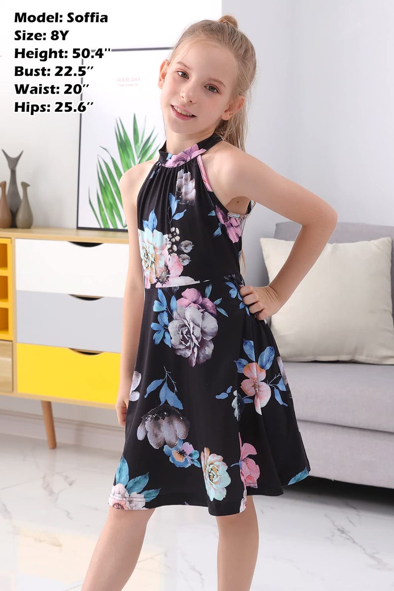 GORLYA Girl's Halter Neck Cold Shoulder Sleeveless Summer Casual Sundress A-line Dress with Pockets (GOR1013, 14Y, Black Print) - Image 4